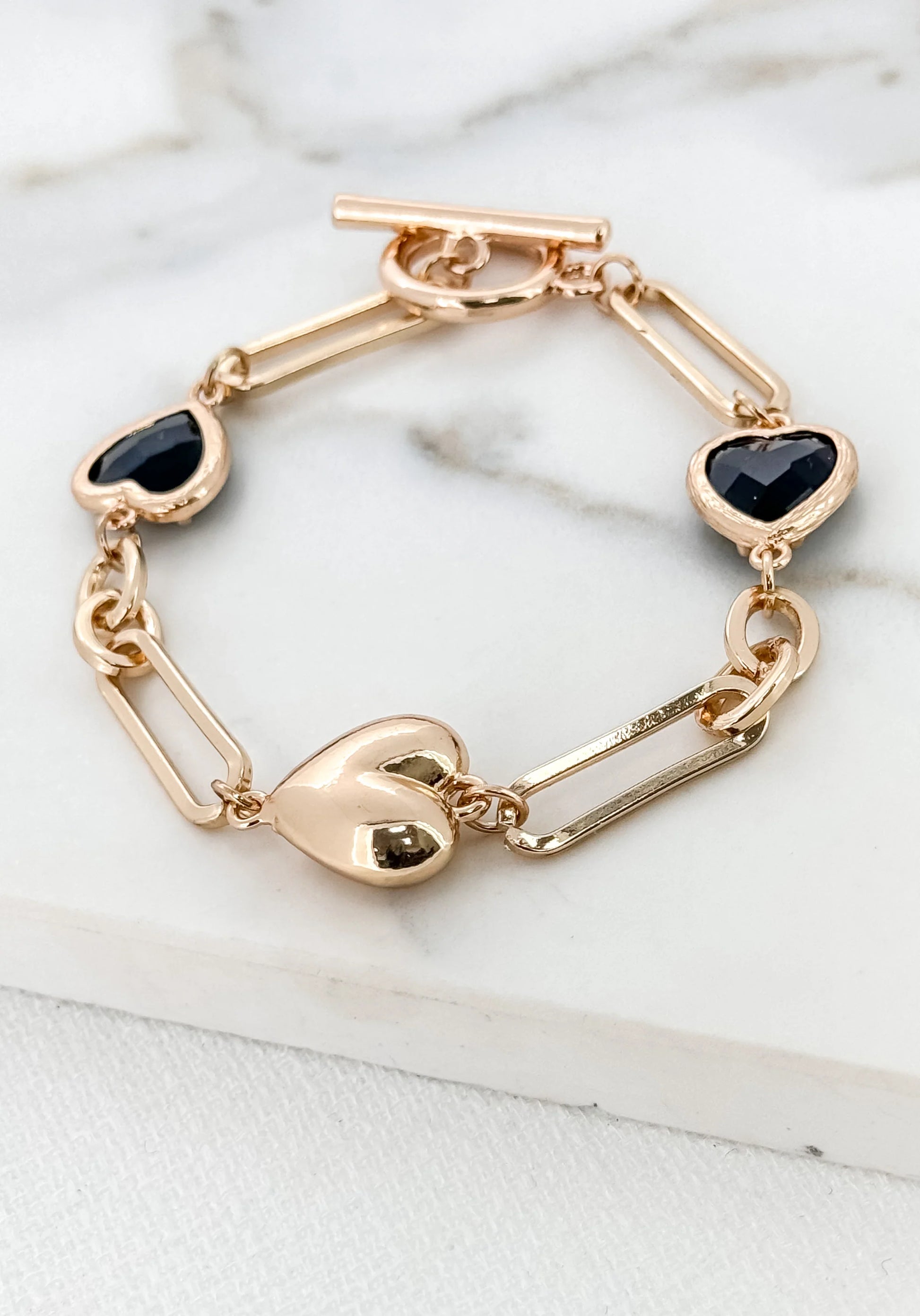 Envy Gold and Black Glass Heart T-bar Bracelet