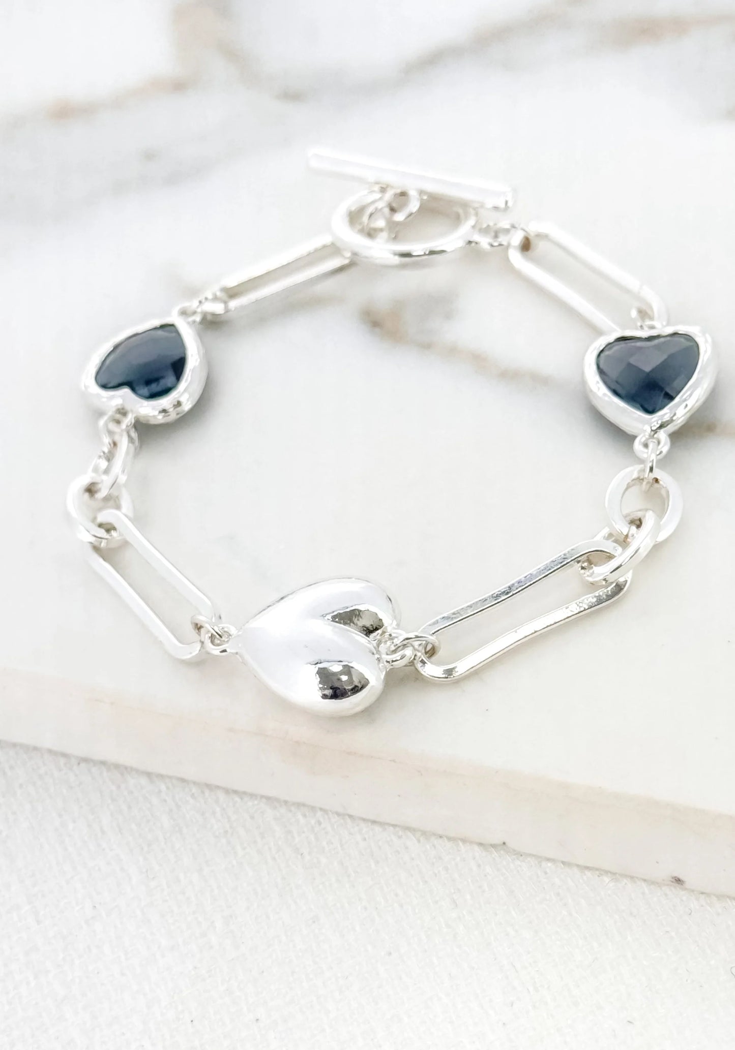 Envy Silver and Black Glass Heart T-bar Bracelet