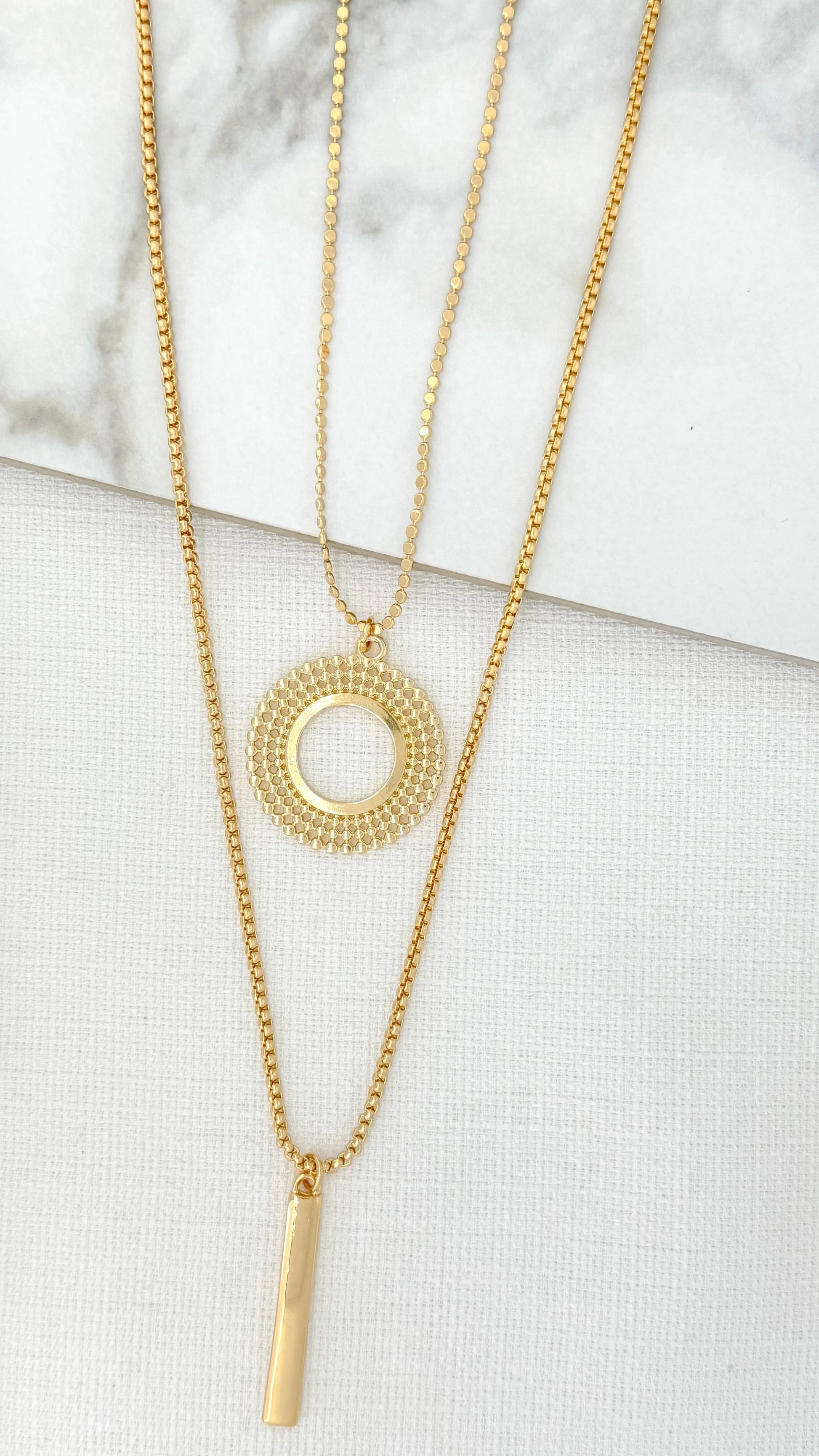 Envy Long Double Layer Gold Necklace with Circle and Bar Pendants