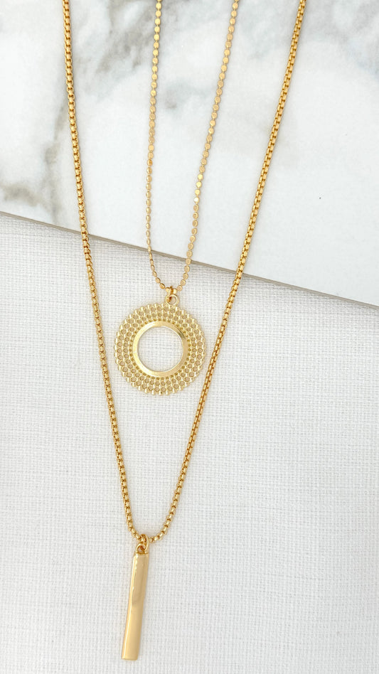 Envy Long Double Layer Gold Necklace with Circle and Bar Pendants