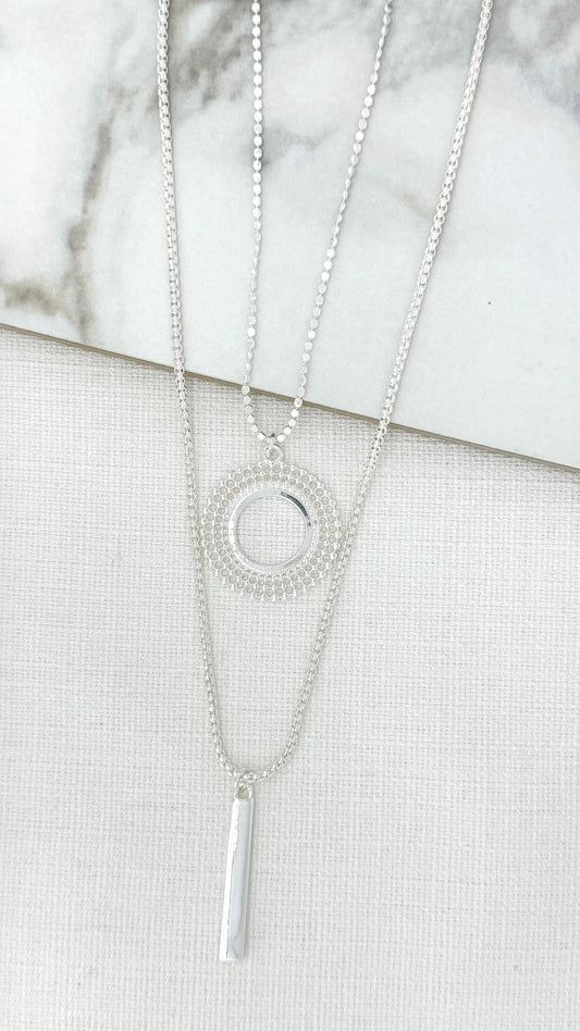 Envy Long Double Layer Silver Necklace with Circle and Bar Pendants