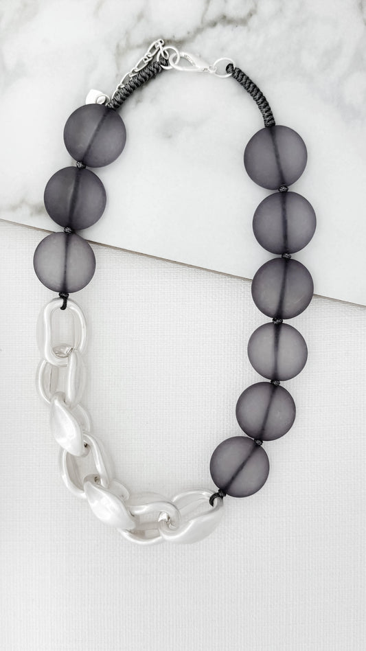 Envy Short Cord Necklace with Grey Acrylic Circles and Large Silver Links