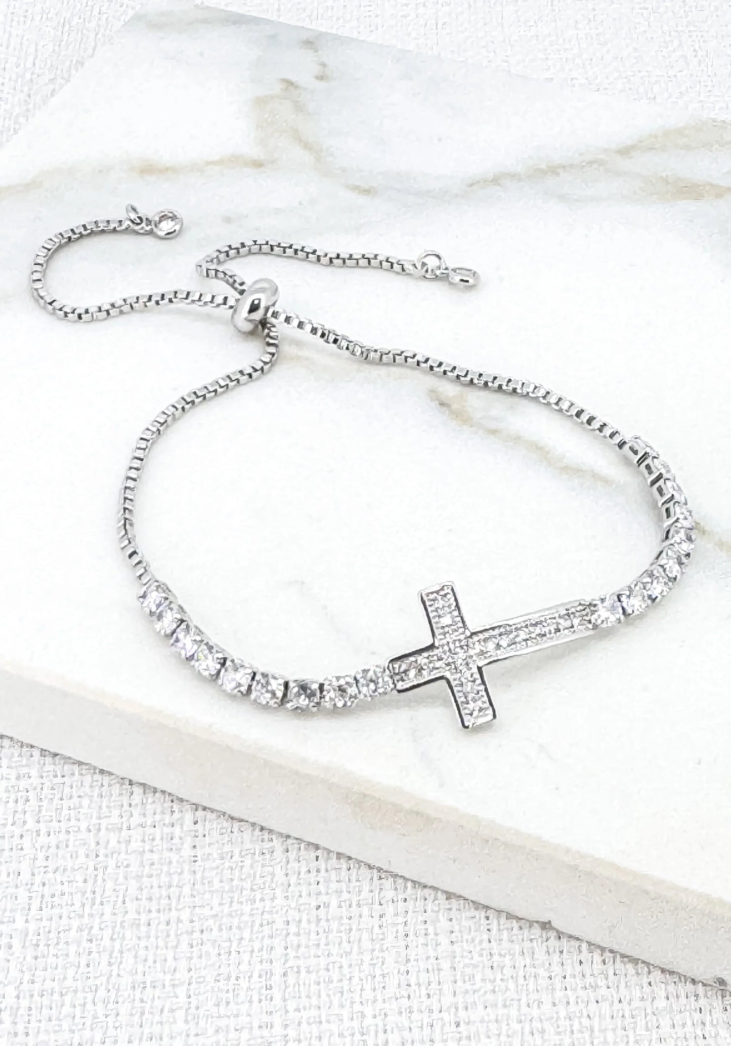 Envy Adjustable Silver Diamante Cross Bracelet