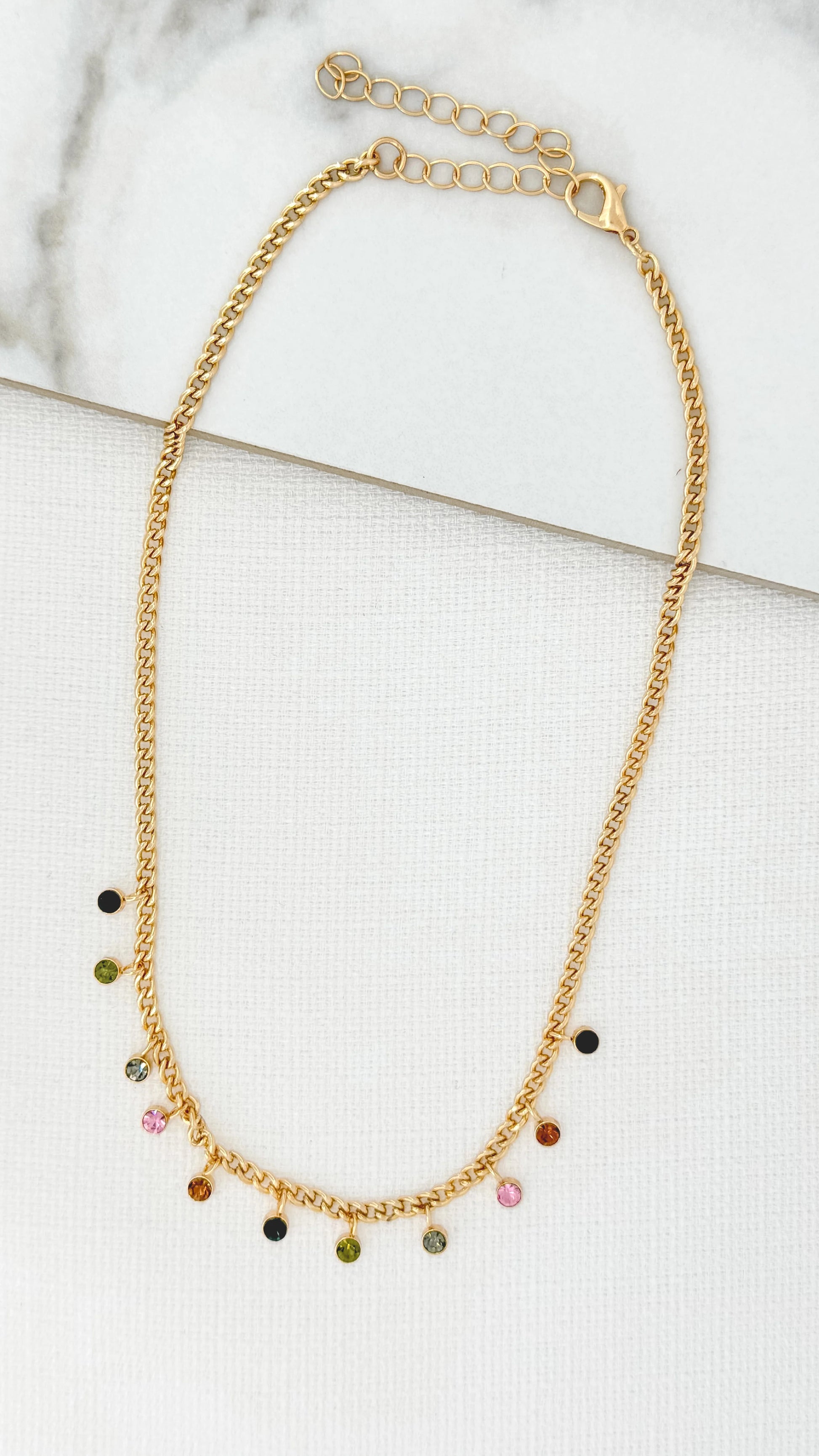 Envy Short Gold Necklace with Multicolour Crystal Droppers