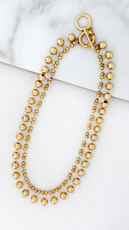 Envy Short Gold & White Bead T-Bar Necklace