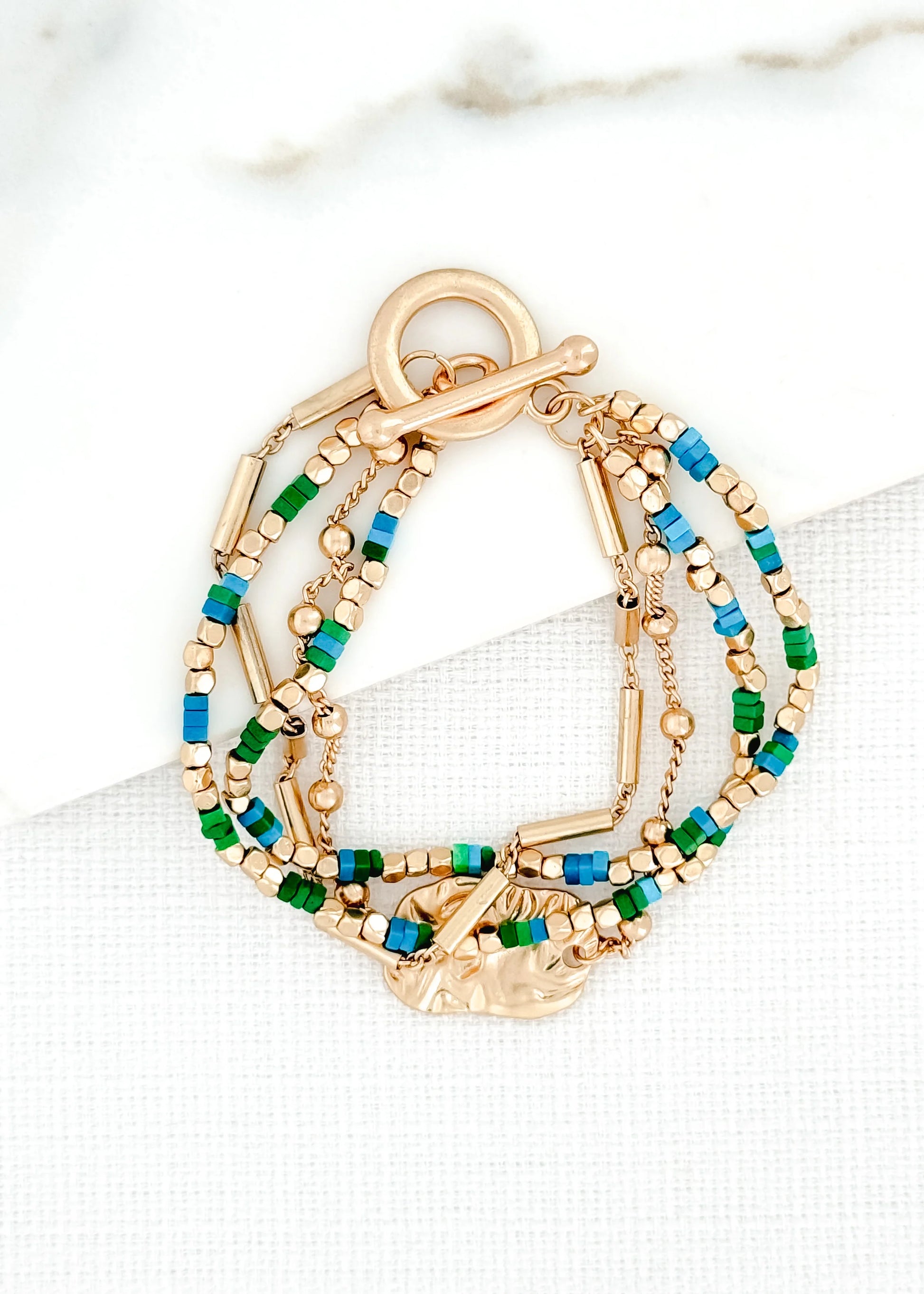 Envy Gold Multi Layer Bracelet with Green & Blue Beads