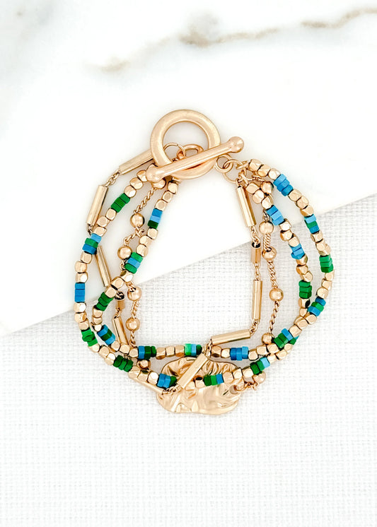 Envy Gold Multi Layer Bracelet with Green & Blue Beads