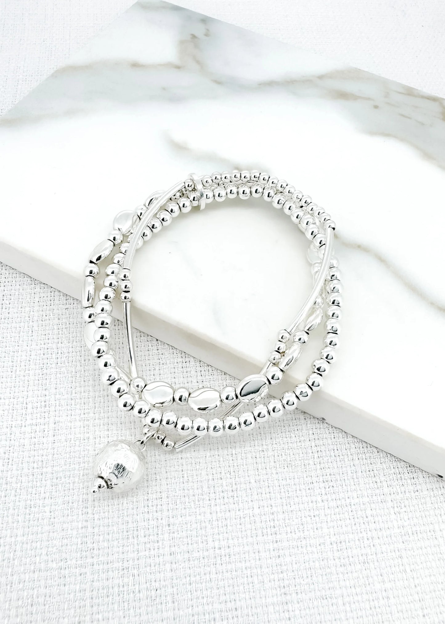 Envy Silver Triple Layer Stretch Bracelet with Silver Ball Charm