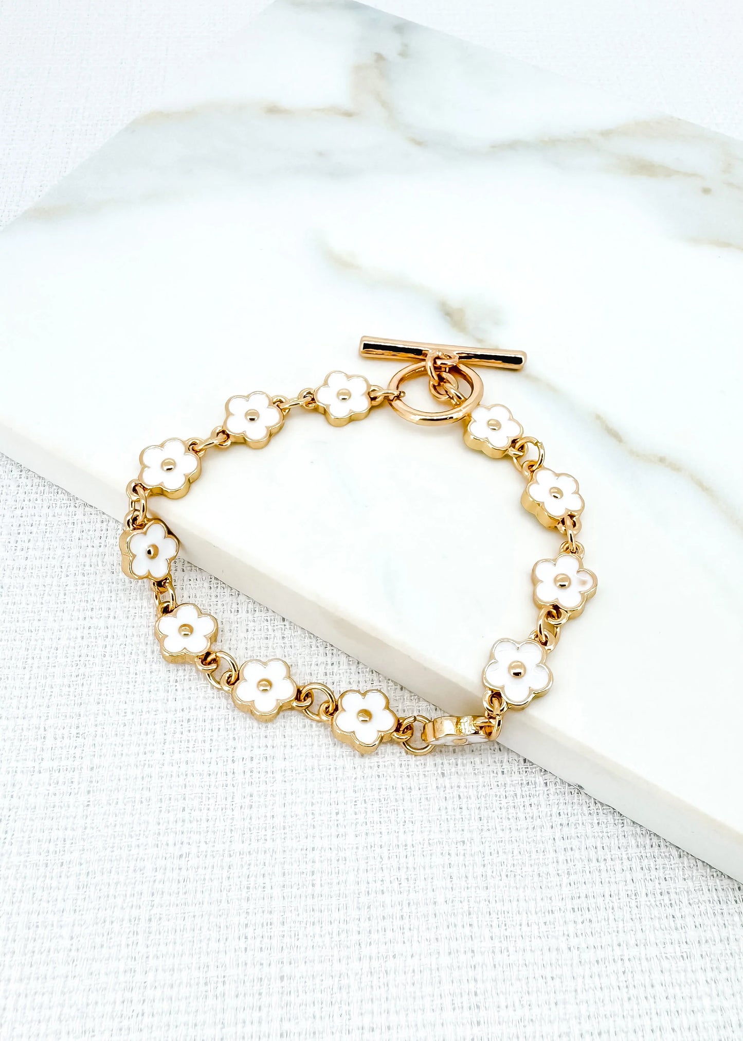 Envy Gold & White Enamel Daisy T-Bar Bracelet