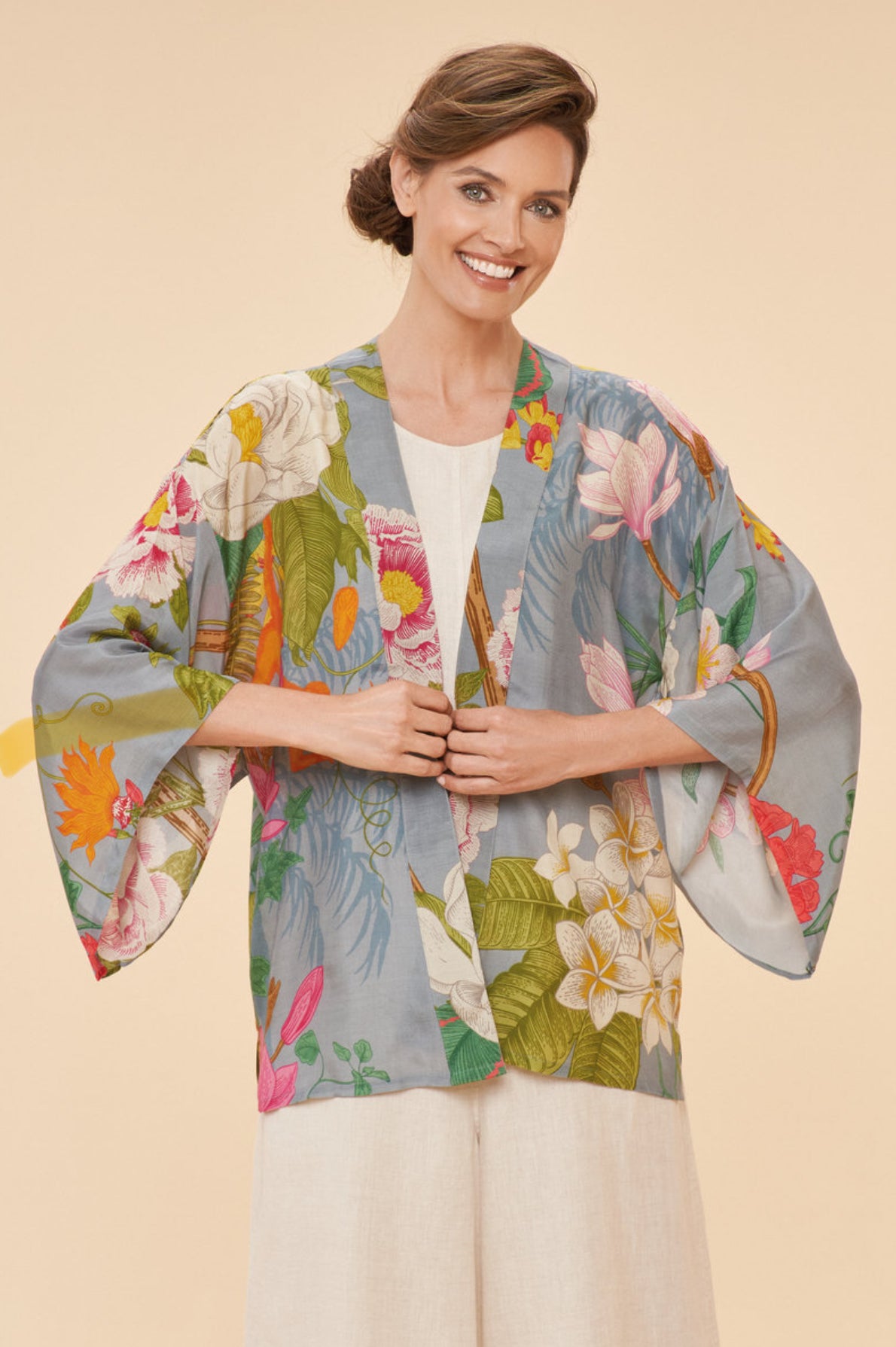 Powder Tropical Flora & Fauna Kimono Jacket in Lavender