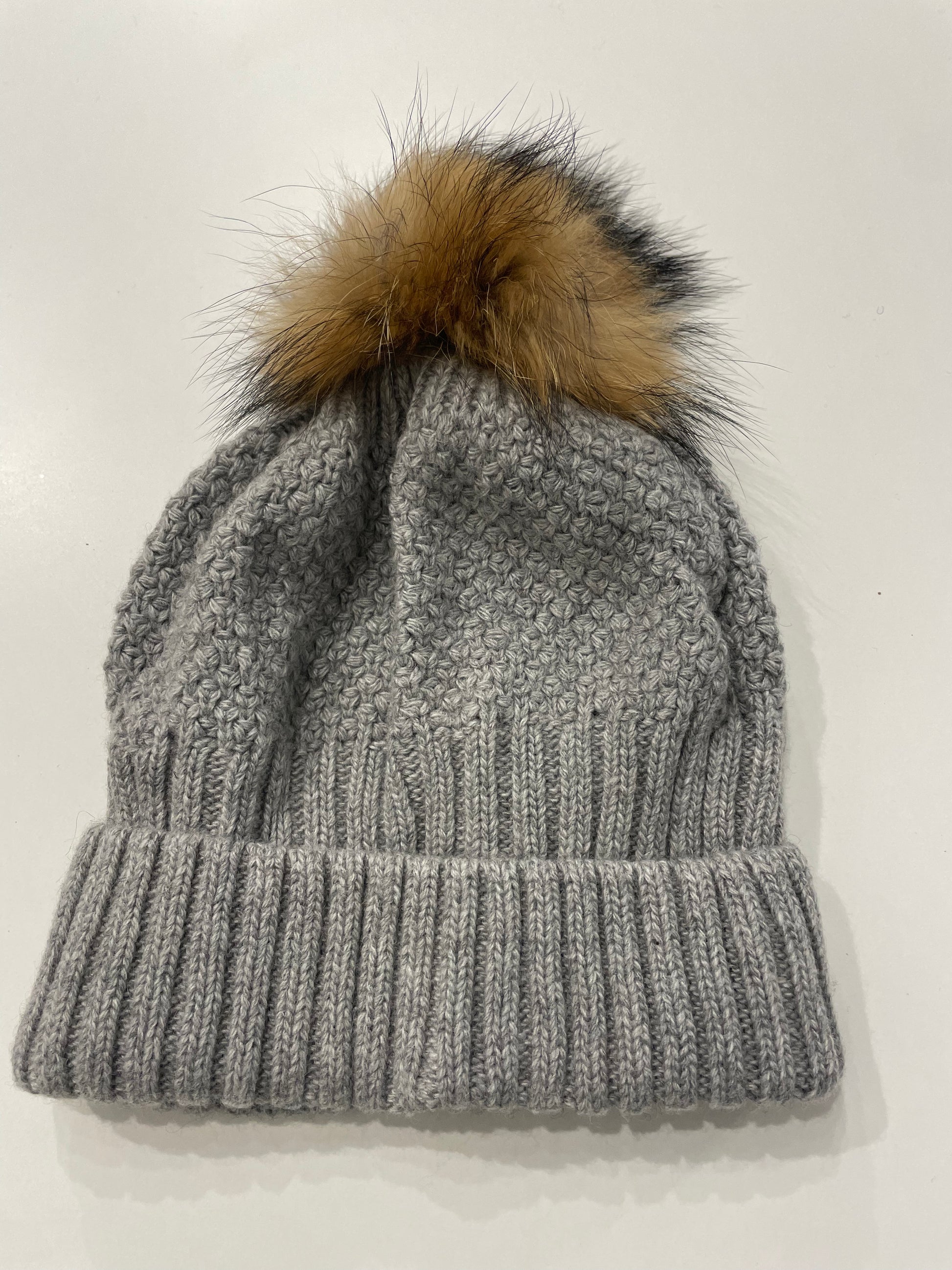 Grey Cashmere Mix Hat with Faux Fur Bobble