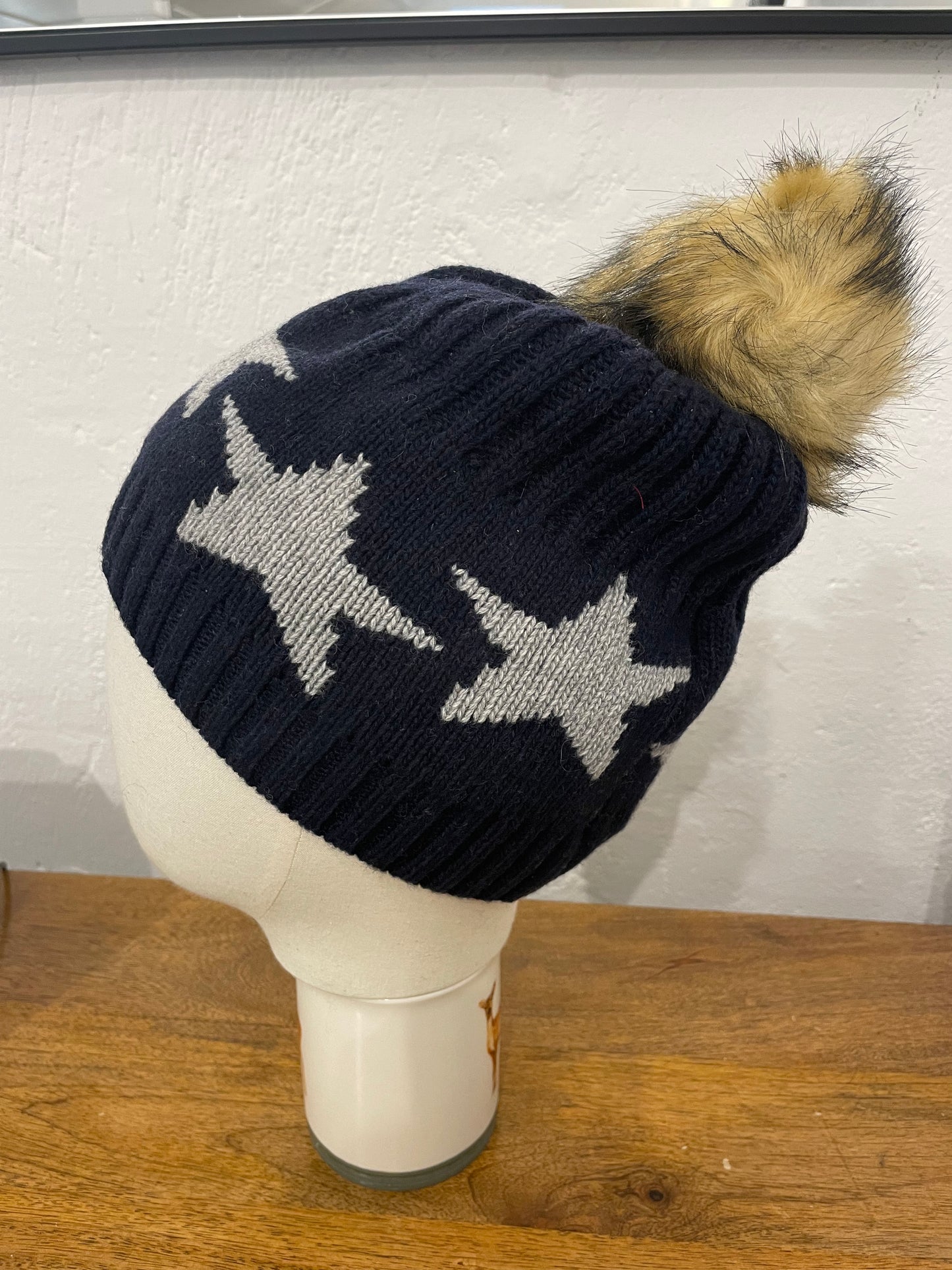 Cashmere Mix Star Bobble Hat | Navy/Grey