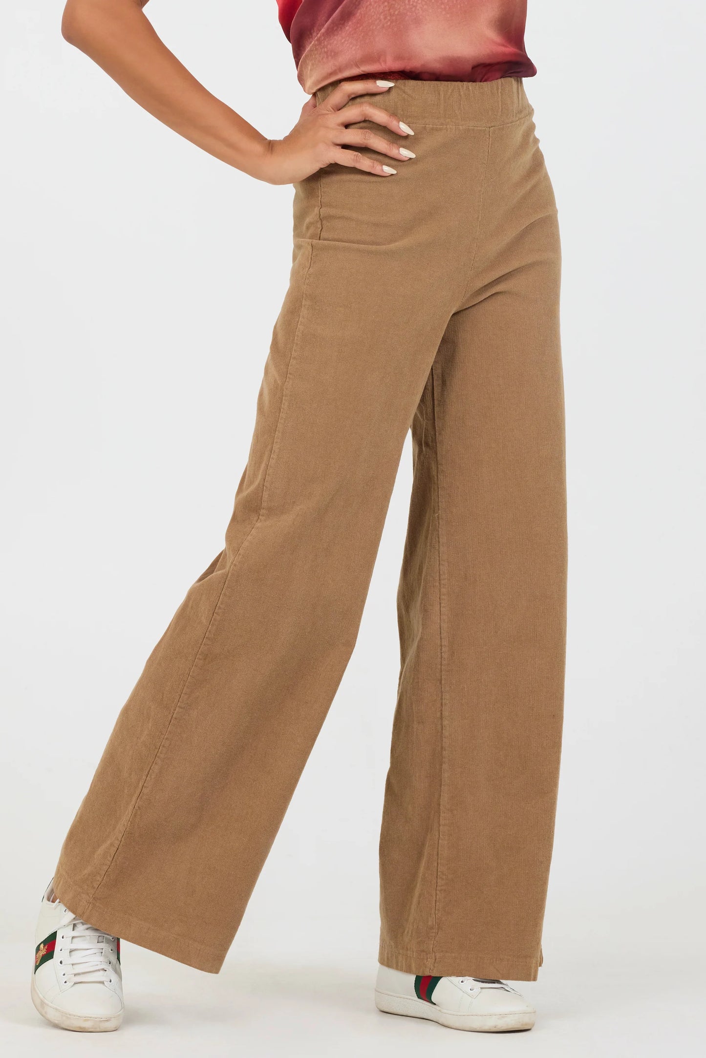 Ziggy Wide Leg Stretch Baby Cord Trousers | Caramel