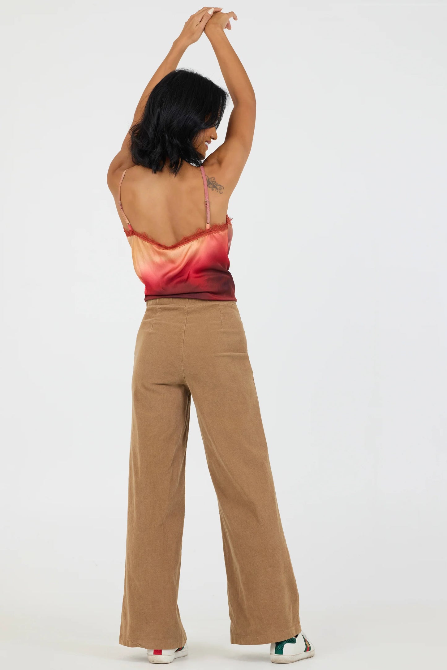 Ziggy Wide Leg Stretch Baby Cord Trousers | Caramel