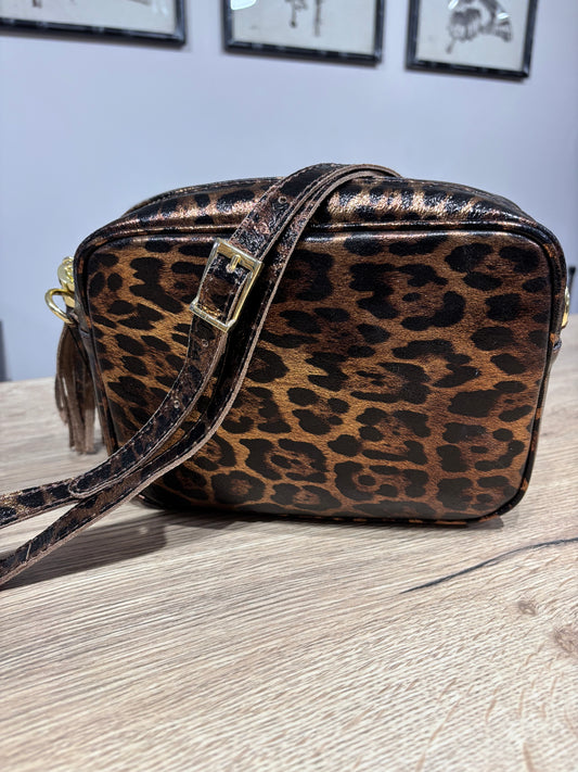 Leather Cross Body Bag | Bronze Leopard