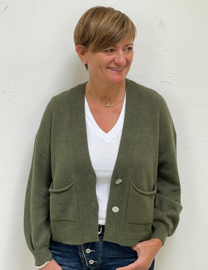 Khaki Soft Knit Cardigan with front pockets