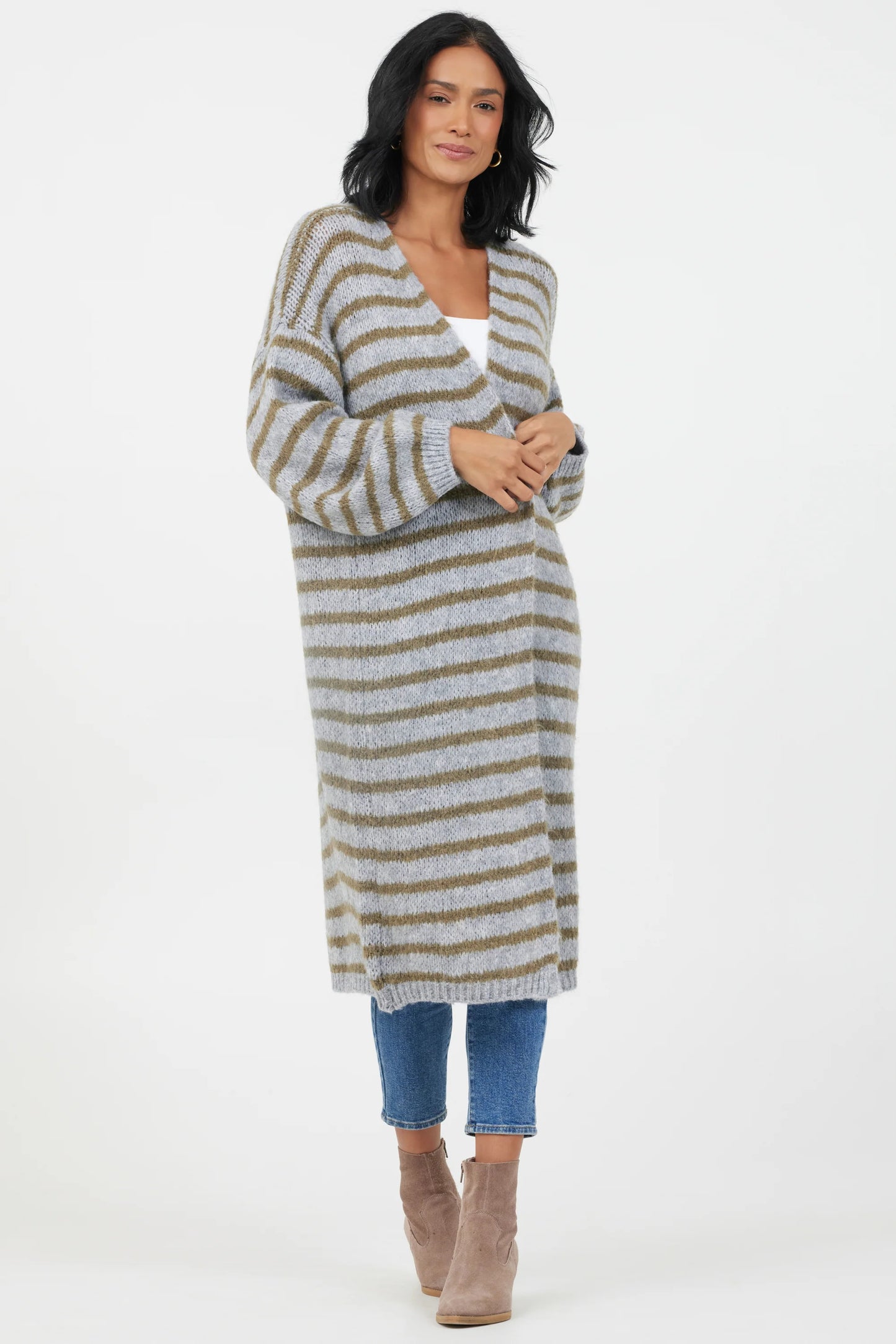 Flo Soft Knit Striped Long Cardigan | Grey & Moss Green