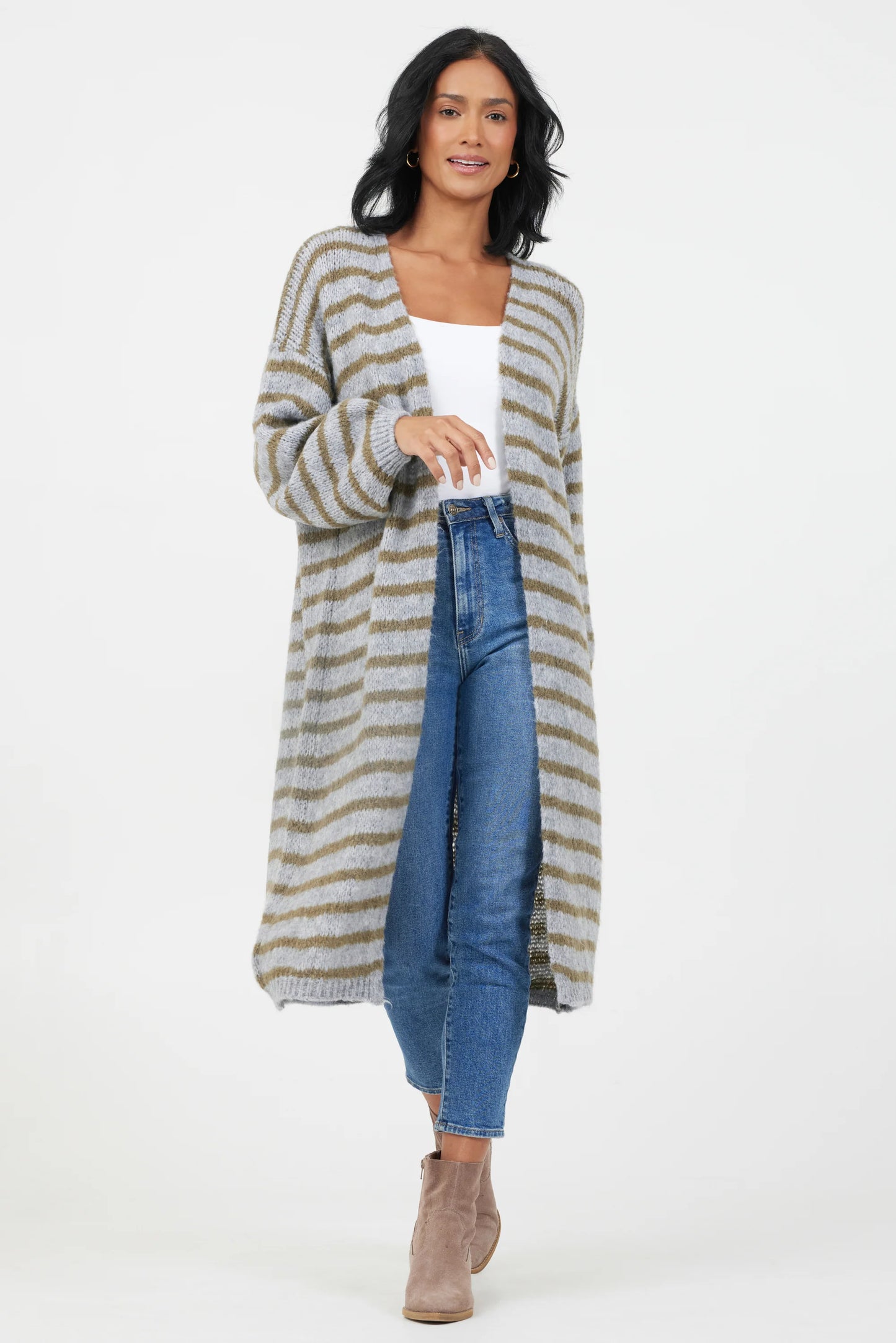 Flo Soft Knit Striped Long Cardigan | Grey & Moss Green