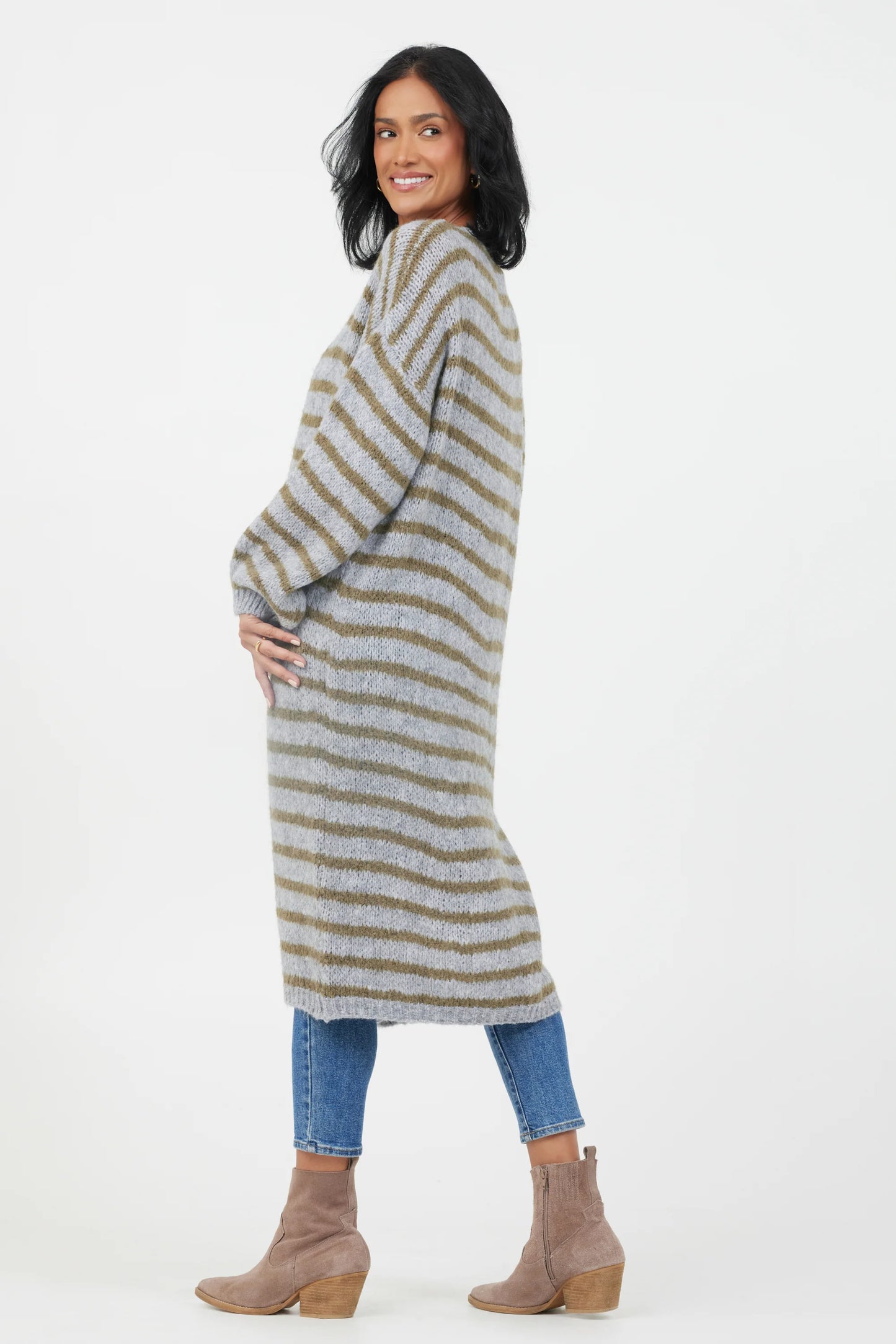 Flo Soft Knit Striped Long Cardigan | Grey & Moss Green