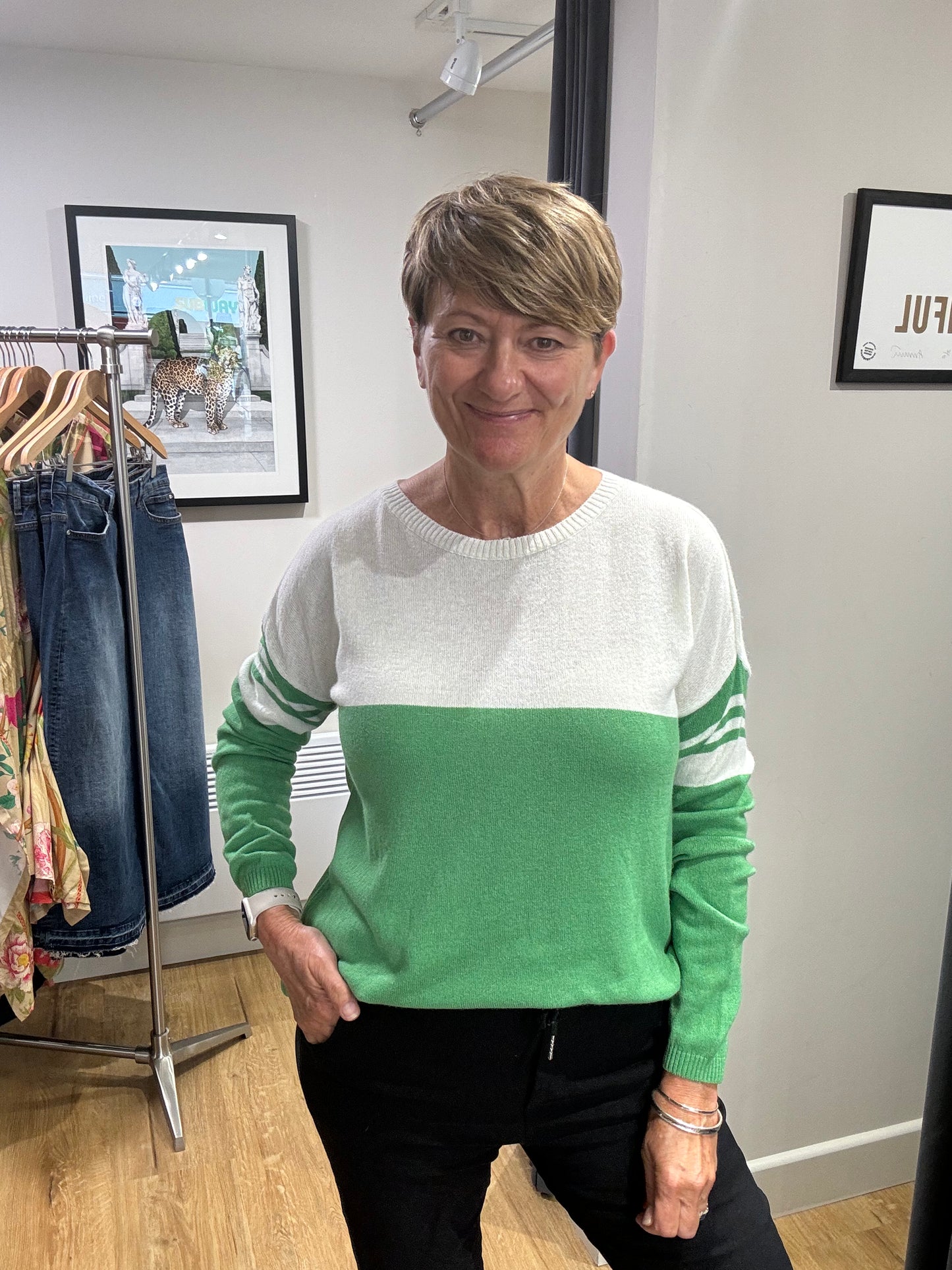 Cashmere Mix Jumper | Green & Cream