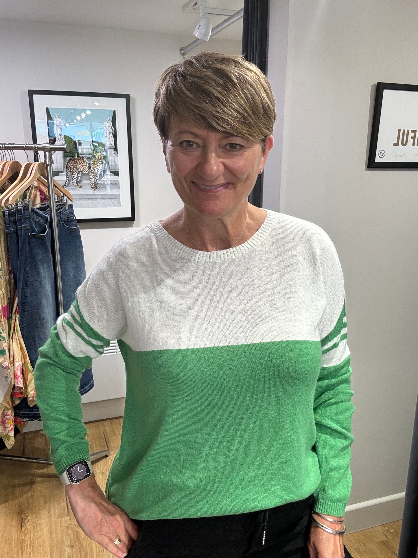 Cashmere Mix Jumper | Green & Cream