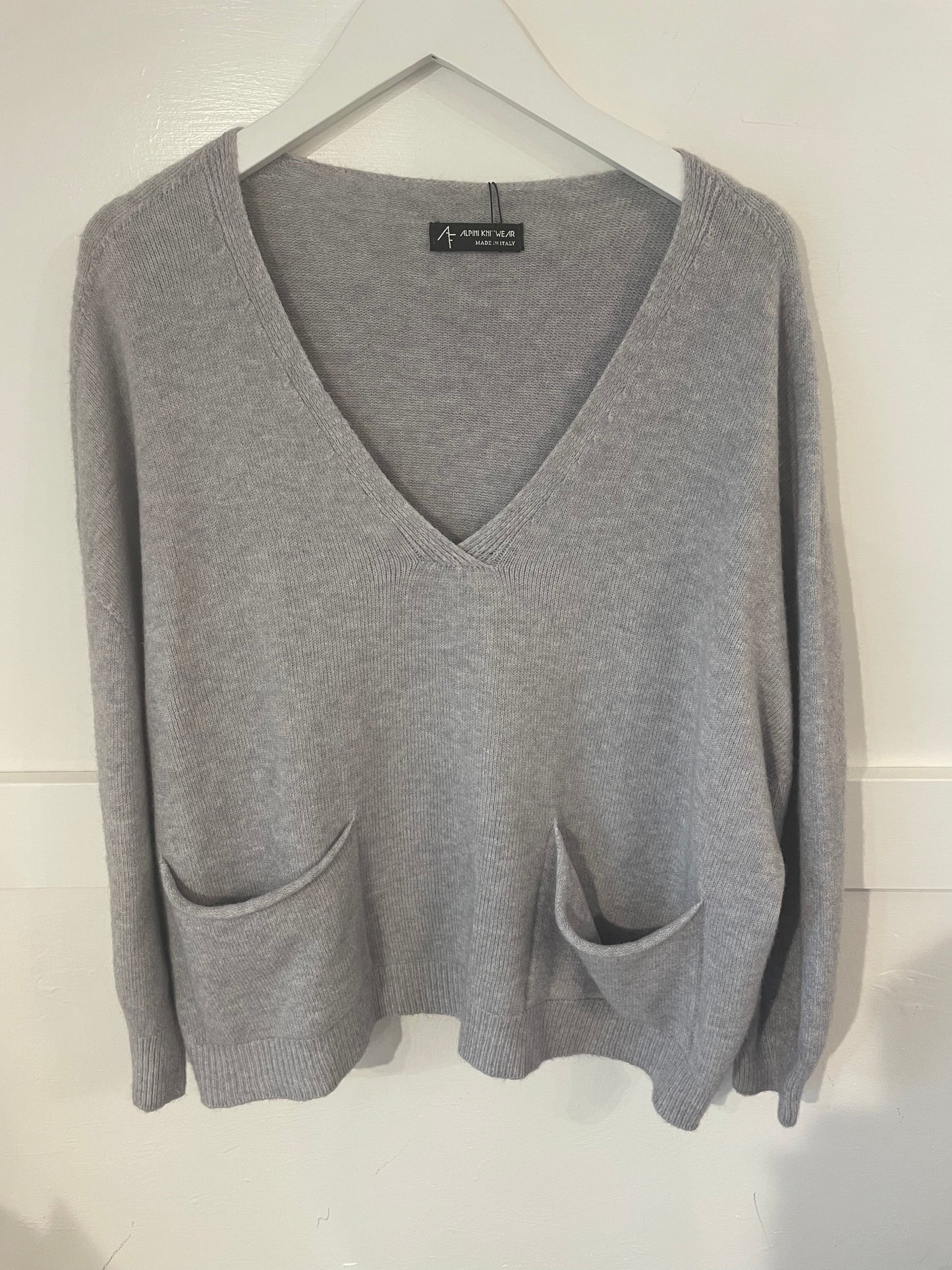 Grey Soft Knit V-Neck Pocket Jumper