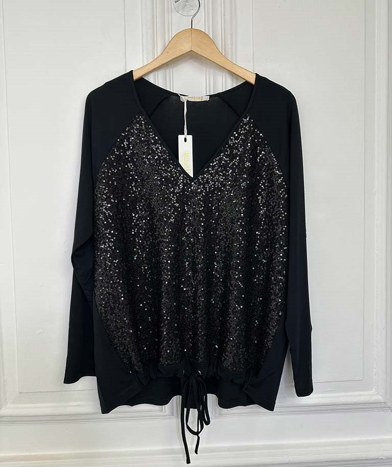 Malissa J Sequin Drawstring Top | Black