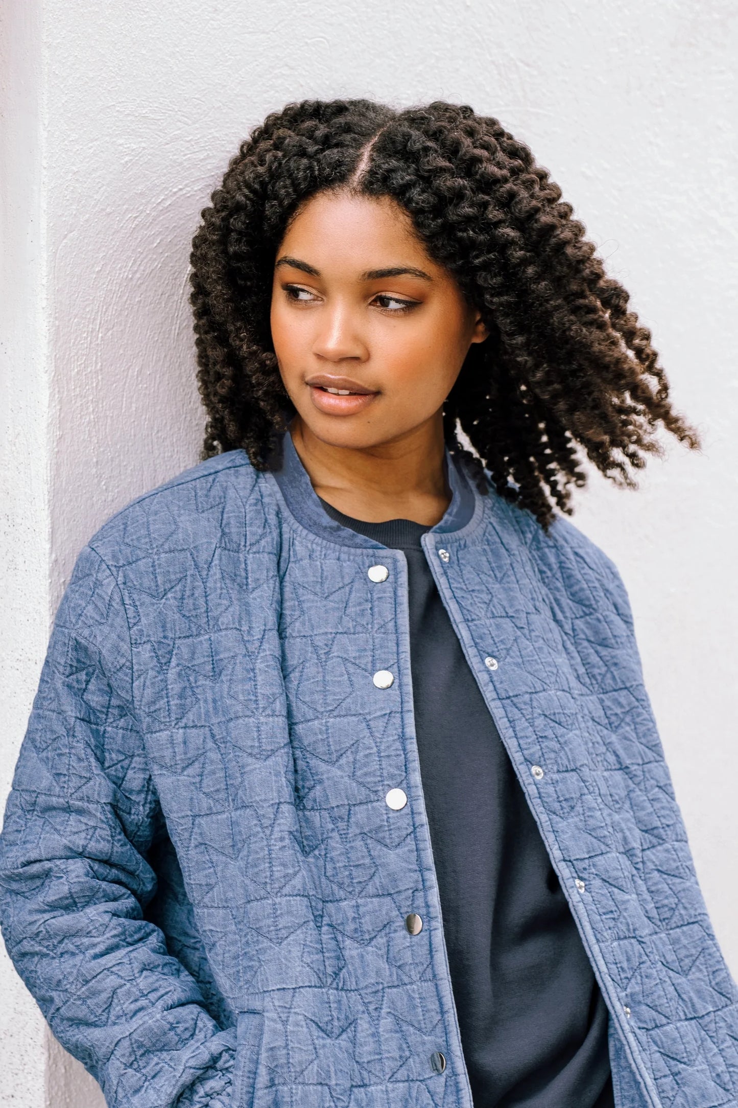 Kinga Quilted Bomber Jacket | Light Blue Denim