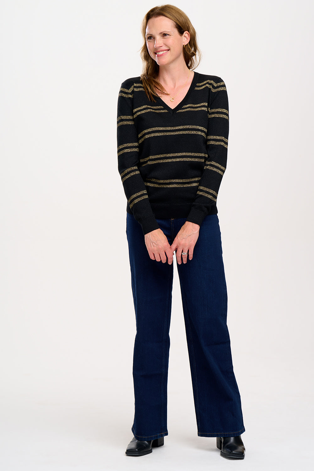 Marcella Black V-Neck Jumper | Bronze Double Stripe