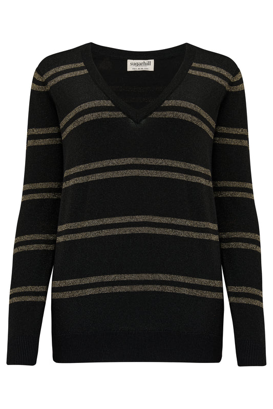 Marcella Black V-Neck Jumper | Bronze Double Stripe