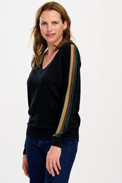 Sugarhill Brighton Marcella V-Neck Jumper | Bronze Double Stripe