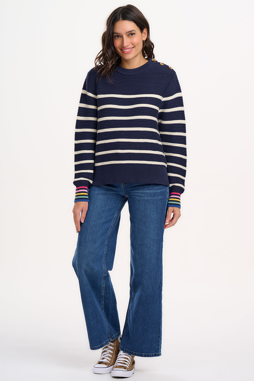 Rebecca Jumper | Navy & Off White with Stripe Rainbow Cuffs