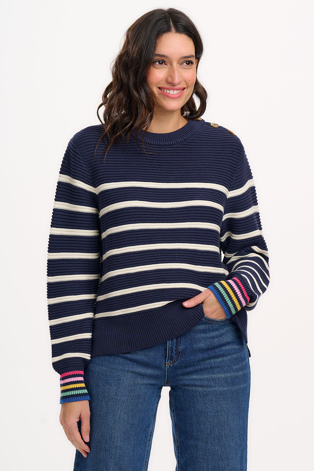 Rebecca Jumper | Navy & Off White with Stripe Rainbow Cuffs