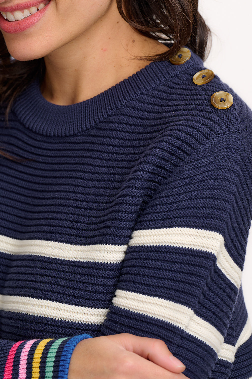 Rebecca Jumper | Navy & Off White with Stripe Rainbow Cuffs