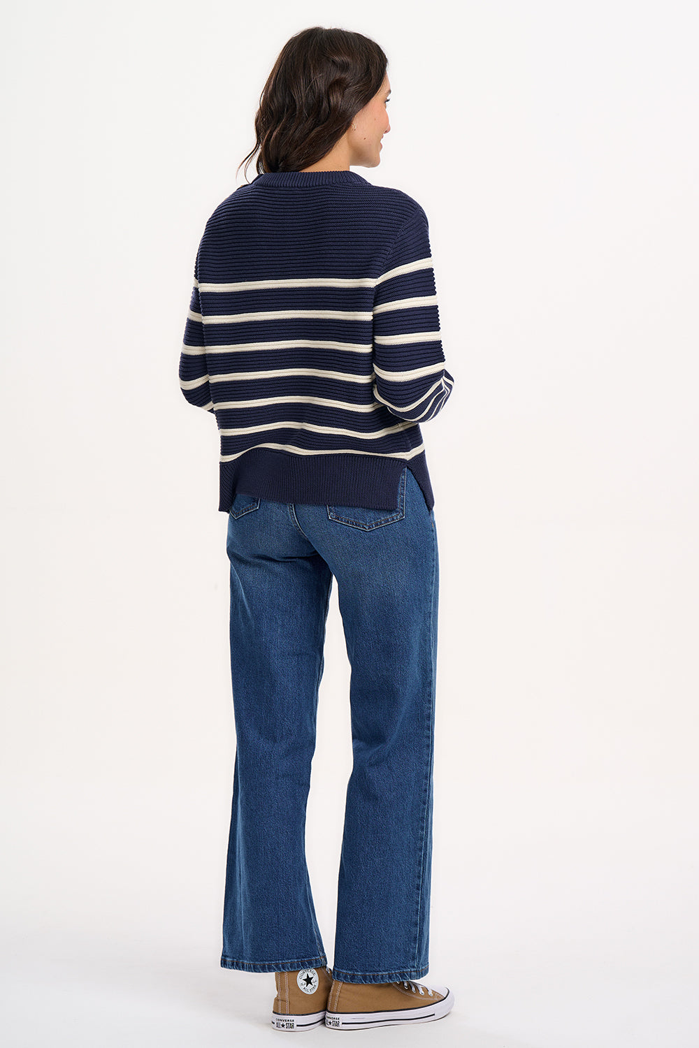 Rebecca Jumper | Navy & Off White with Stripe Rainbow Cuffs