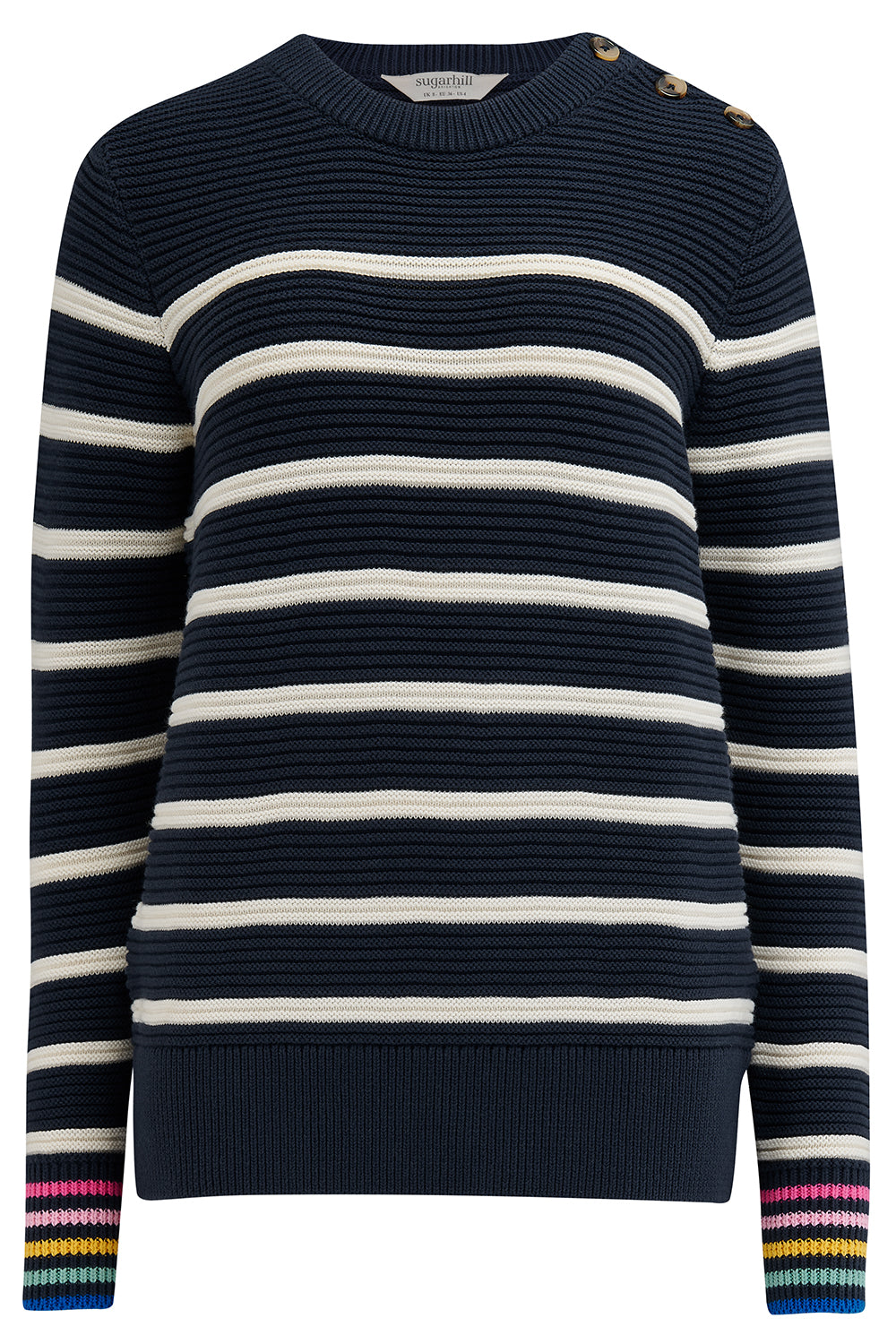 Sugarhill Brighton Rebecca Jumper | Navy & Off White with Stripe Rainbow Cuffs