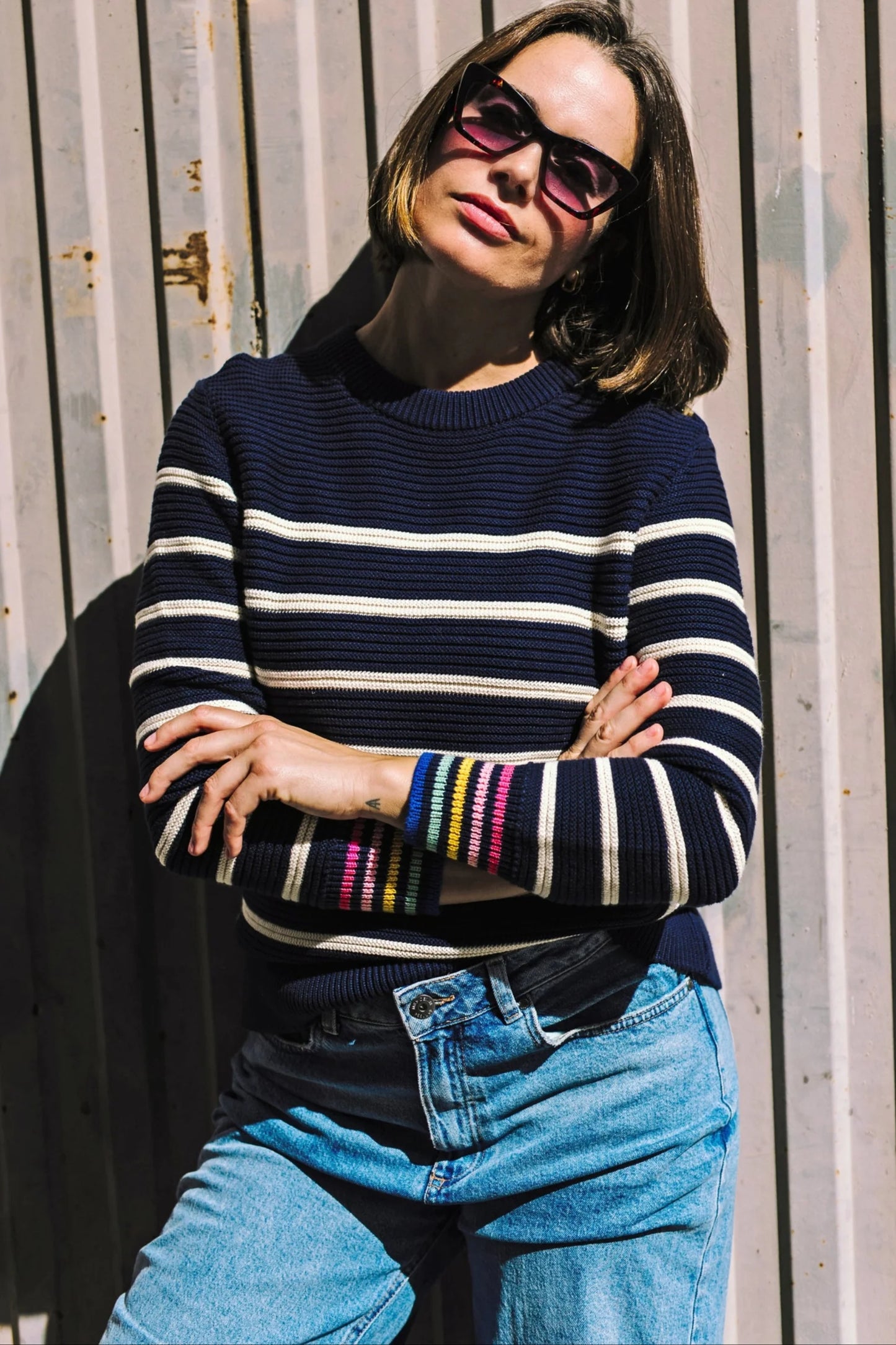 Rebecca Jumper | Navy & Off White with Stripe Rainbow Cuffs