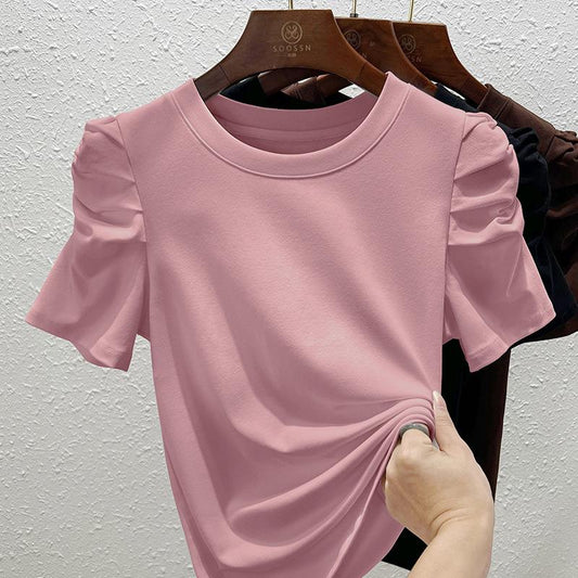 T-Shirt Style Top with Rouched Sleeves in Pink