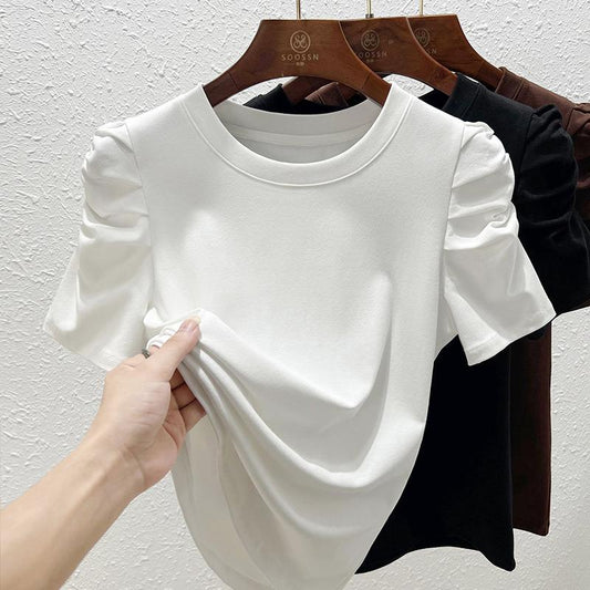 T-Shirt Style Top with Rouched Sleeves in White