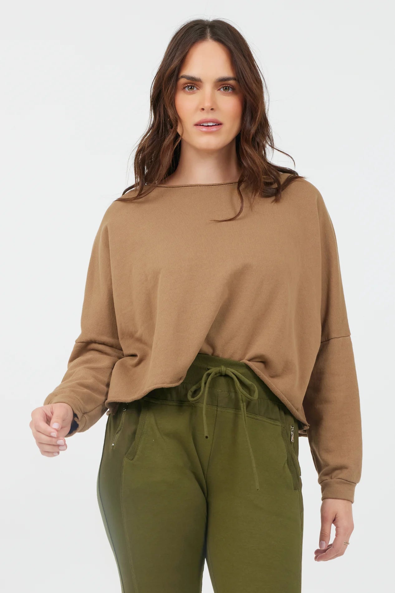 Maeve Cropped Raw Edge Sweatshirt | Caramel