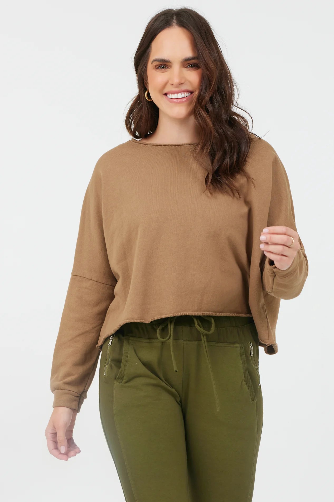 Suzy D Maeve Cropped Raw Edge Sweatshirt | Caramel