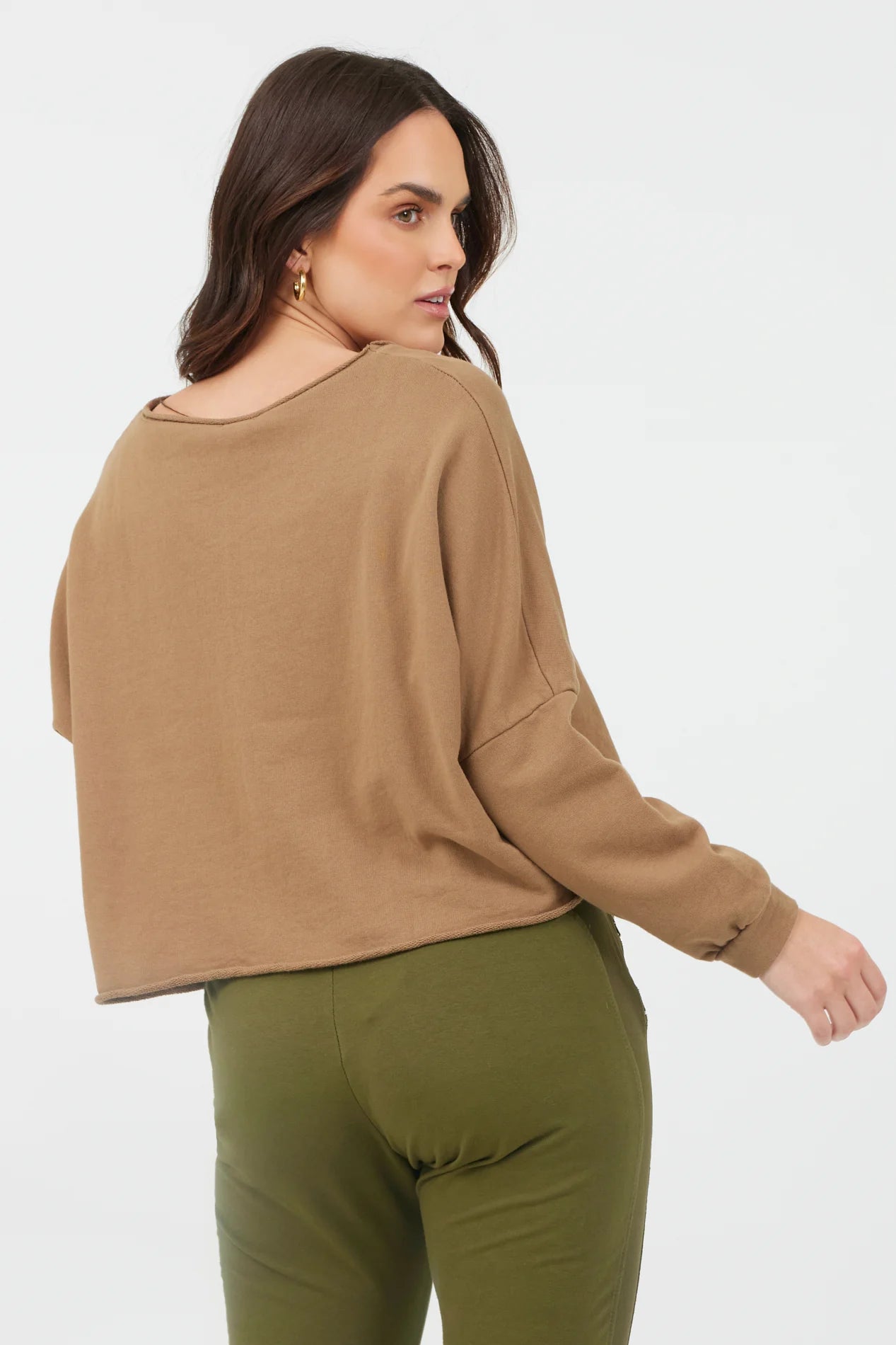 Maeve Cropped Raw Edge Sweatshirt | Caramel