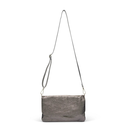 Milano Sparkly Leather Bag With Fold Over Styling | Metallic Grey