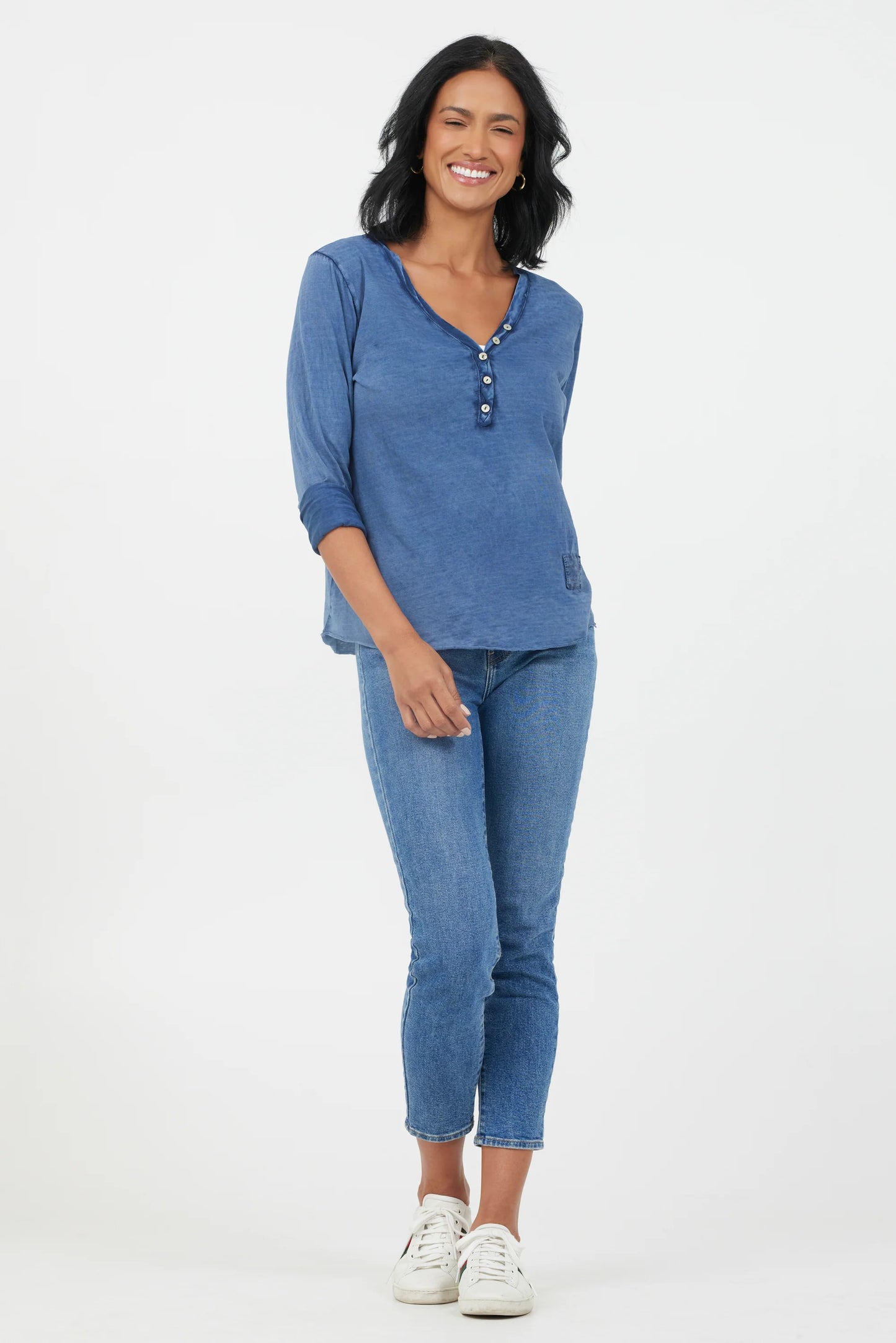 Yvonne Vintage Wash V-Neck Button Top | Blue