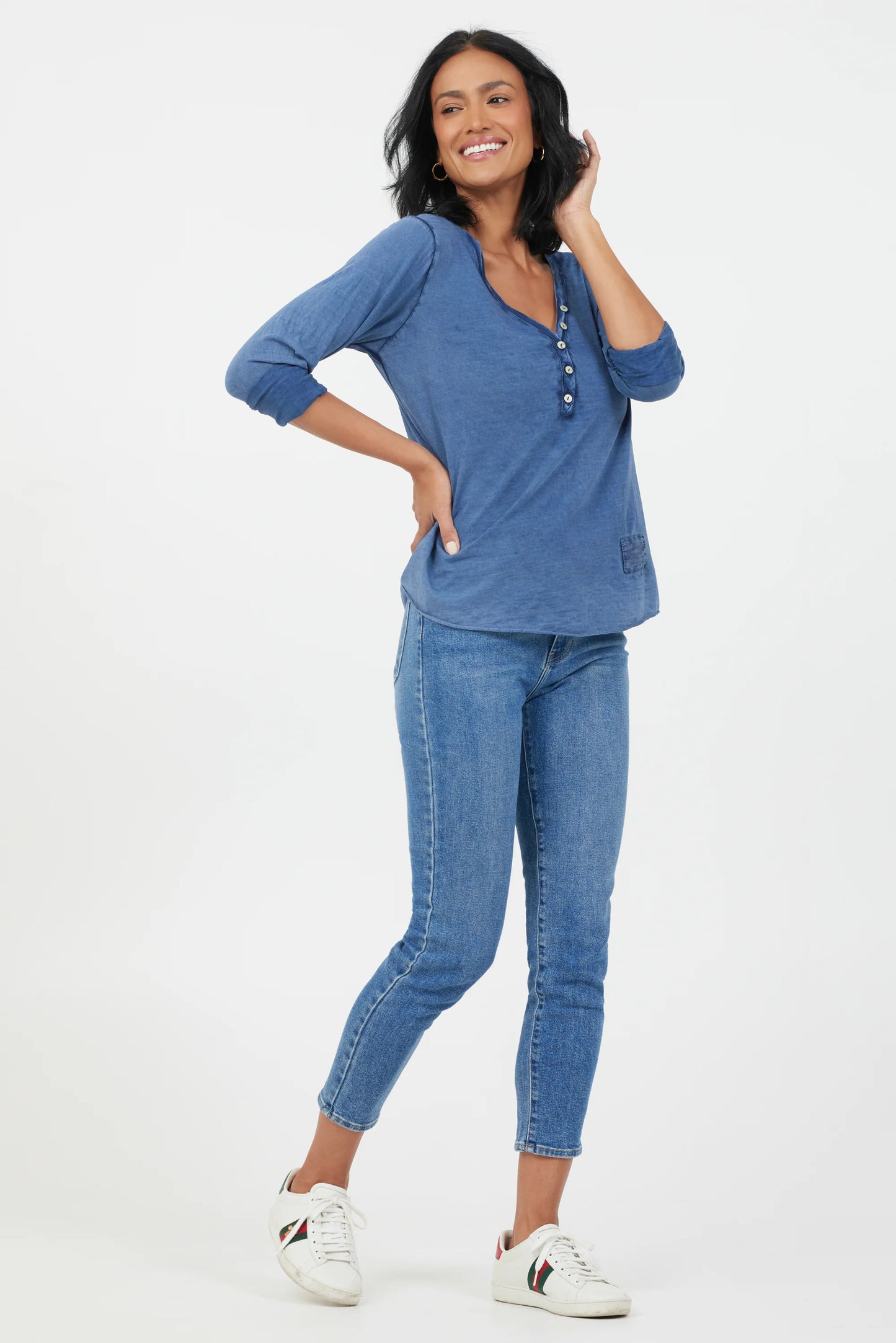 Yvonne Vintage Wash V-Neck Button Top | Blue