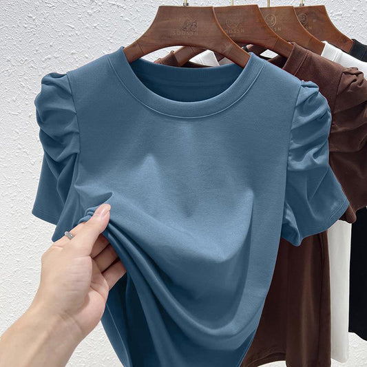 T-Shirt Top with Rouched Sleeves in Denim Blue