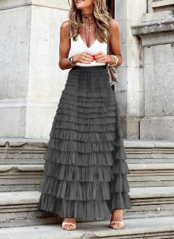 Maxi Tiered Frilled Skirt | Charcoal Grey