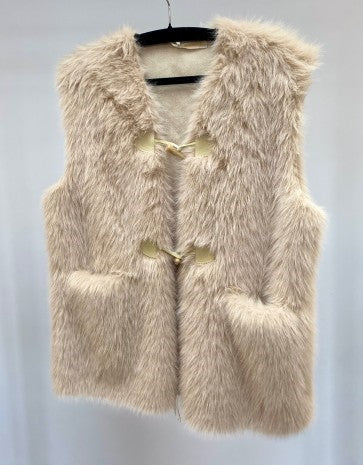 Malissa J Faux Fur Gilet with Toggles and Pockets | Stone