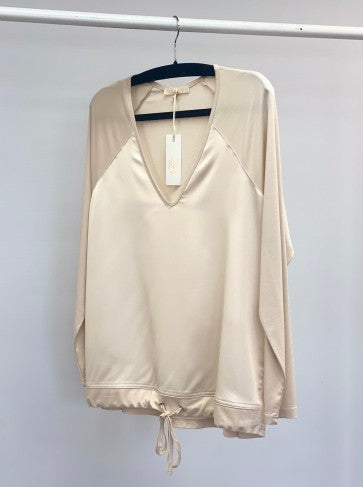 V-Neck Jersey Top with Satin Front | Oyster