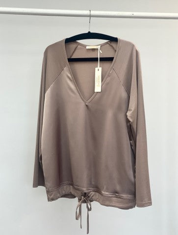 Malissa J V-Neck Jersey Top with Satin Front | Taupe